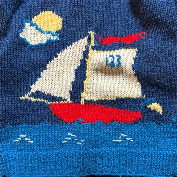 Vintage Hand Knit Sailboat Zip Up Cardigan Sweater - Picture 2 of 4